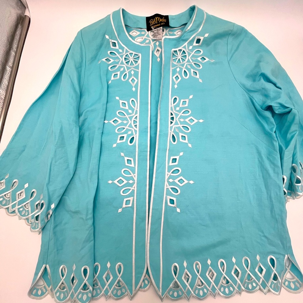 Bob Mackie art to wear turquoise Blue Embroidered Linen Open Front Jacket Beachy